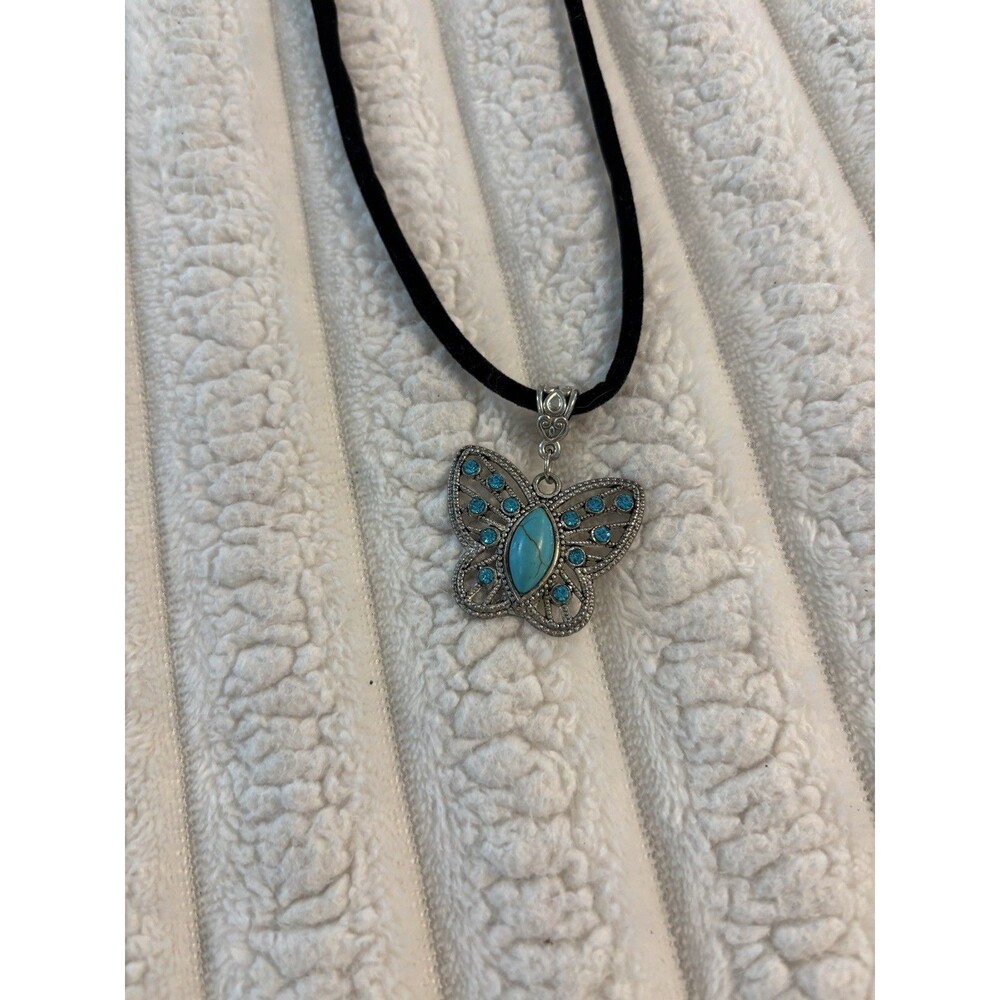 Vintage Y2K velvet Silver Butterfly Turquoise Choker Necklace Black rhinestone